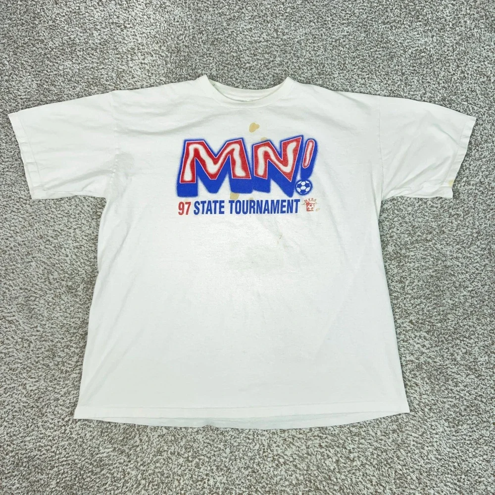 Vintage Adidas Shirt Men XL White Blue Logo Graphic Tee USA 1997 MN Soccer State